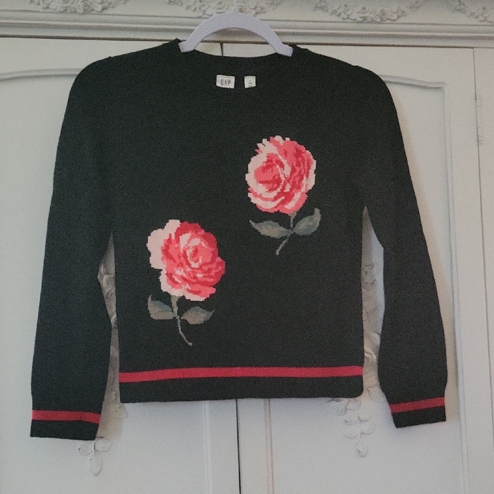 GAP Black Sweater with Pink Floral Design
